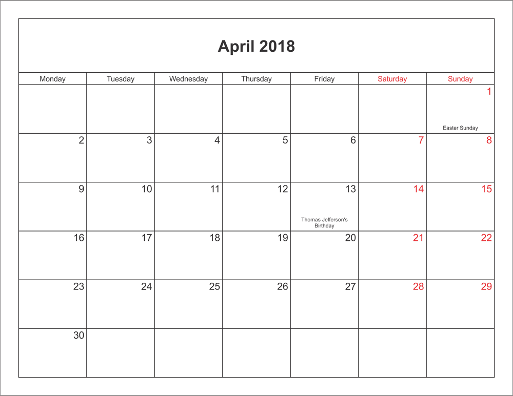 April 2018 Printable Calendar Waterproof